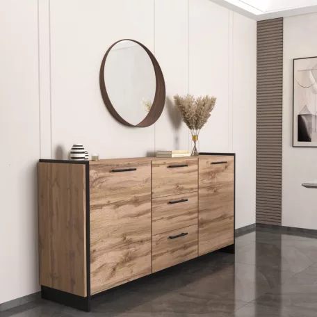 Komód, wotan tölgy/fekete, AMONI 2D3S