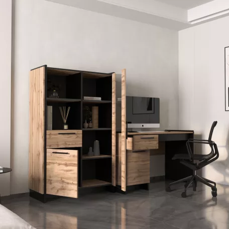 Alacsony vitrin, wotan tölgy/fekete, AMONI 1D1W1S