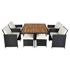   Kerti rattan szett, akácfa, fekete/krémszínű/természetes, MELFORD