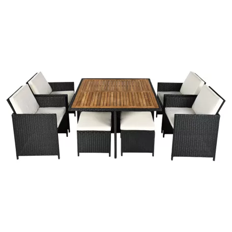 Kerti rattan szett, akácfa, fekete/krémszínű/természetes, MELFORD