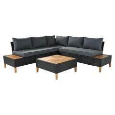   Kerti rattan szett, akácfa, fekete/szürke/természetes, MALKOM