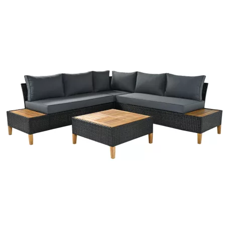 Kerti rattan szett, akácfa, fekete/szürke/természetes, MALKOM