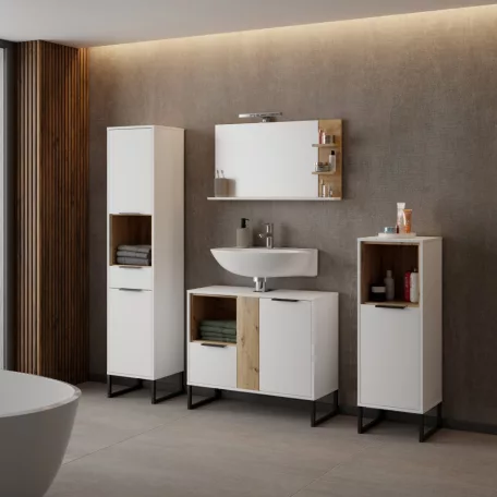 Magas szekrény, fehér/artisan tölgy, CUBO CUB01