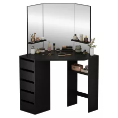 Sarok fésülködőasztal, fekete, ELIO