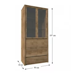   Vitrín szekrény 1- fióko és 2 osztot ajtóval  teljessen  üvegezett, tölgyfa lefkas, MONTANA W2D